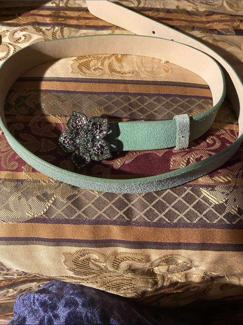 Women’s Mint Green Genuine Leather Belt With Rhinestone Flower Buckle. Size M